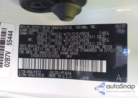 2007 Toyota Sienna Ce from USA, damaged, VIN 5TDZK23C87S016506